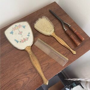 Antique Set of Hair and Beauty Tools - Brush, Mirror, Comb, Iron